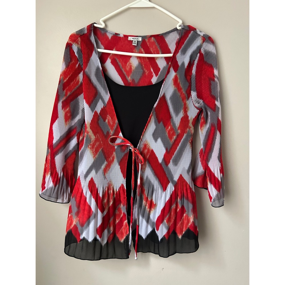 Y2K NICOLA Women's Abstract‎ Pleated Tie Front Cardigan Top M IndieSleeze Retro